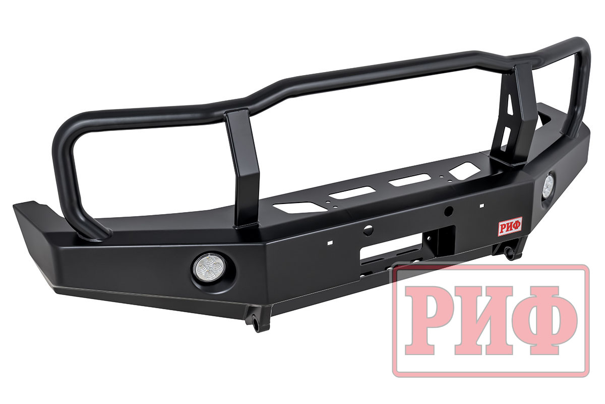Бампер РИФ силовой передний Toyota Land Cruiser 76/78/79 2007-2024 c доп. фарами и защитной дугой, с площадкой под лебедку