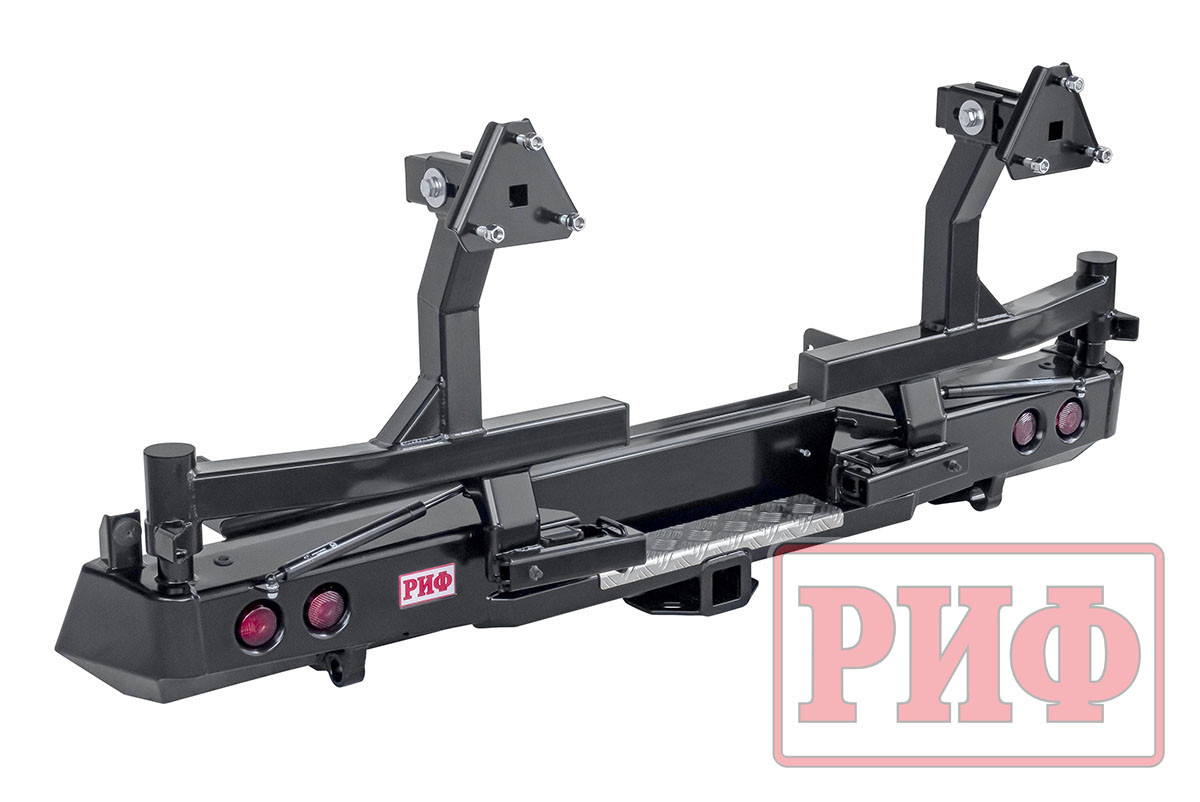 Бампер РИФ силовой задний Isuzu D-MAX (2012-2020) с квадратом под фаркоп, 2-мя калитками, фонарями, подсветкой номера, стандарт