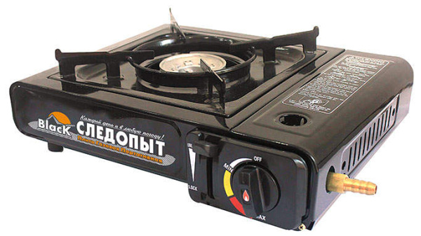 Плита газовая портативная "СЛЕДОПЫТ - Black" (с переходником), нержавеющая сталь, цанговый баллон