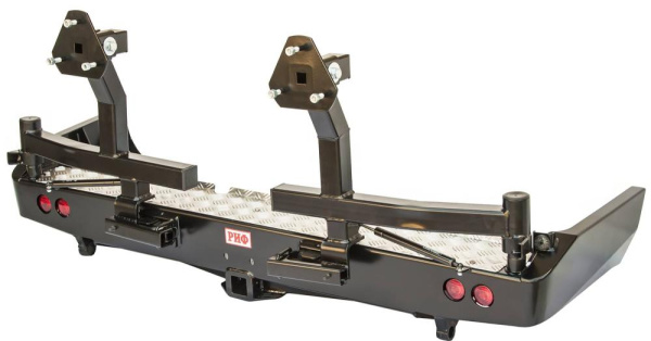 Бампер РИФ силовой задний Toyota Land Cruiser 80 с квадратом под фаркоп, 2-мя калитками, фонарями, подсветкой номера