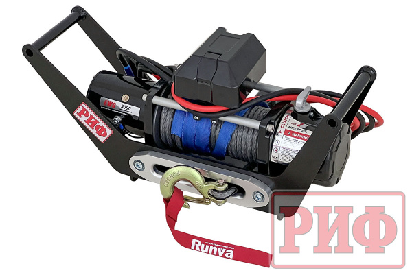 Лебёдка переносная РИФ 9000SR c площадкой в квадрат для фаркопа и проводами (в сборе) синтетический трос