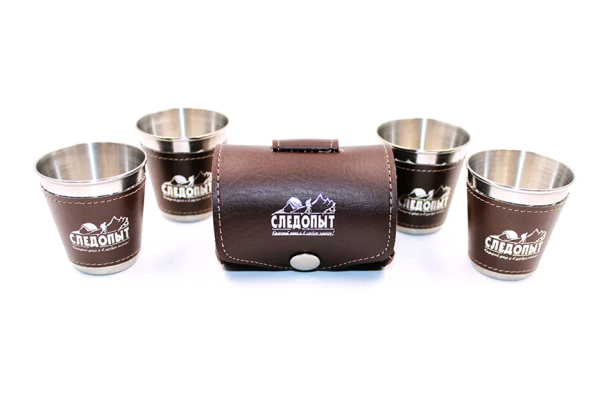 Набор стопок СЛЕДОПЫТ 4х60 мл, в кожаной тубе, в дополнительном кожаном оплете