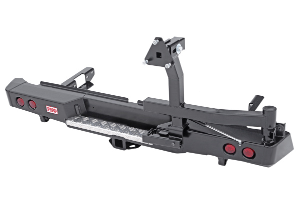 Бампер РИФ силовой задний Toyota Hilux 2015+ с квадратом под фаркоп, калиткой, фонарями, подсветкой номера