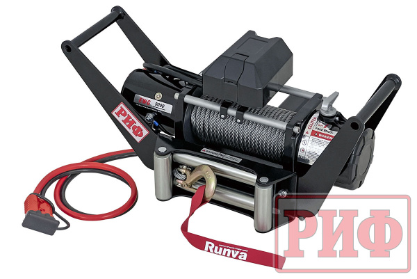 Лебёдка переносная РИФ 9000 c площадкой в квадрат для фаркопа и проводами (в сборе) стальной трос