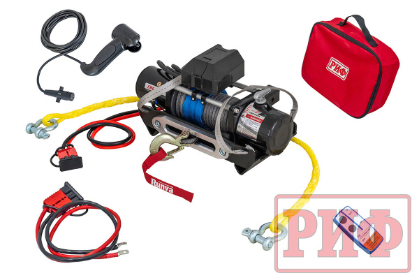 Лебёдка переносная РИФ 9000SR c квадратом для фаркопа и проводами в сборе, синтетический трос (облегченная)