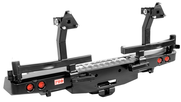 Бампер РИФ силовой задний Toyota Hilux 2005-2014 с площадкой под лебёдку, квадратом под фаркоп, фонарями, 2-я калитками, подсветкой номера